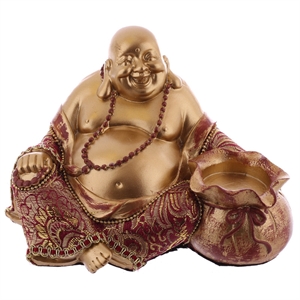 Buddha Happy figur BUD293 guldfarvet polyresin med rødt stof h16cm - Se flere Happy Buddha figurer